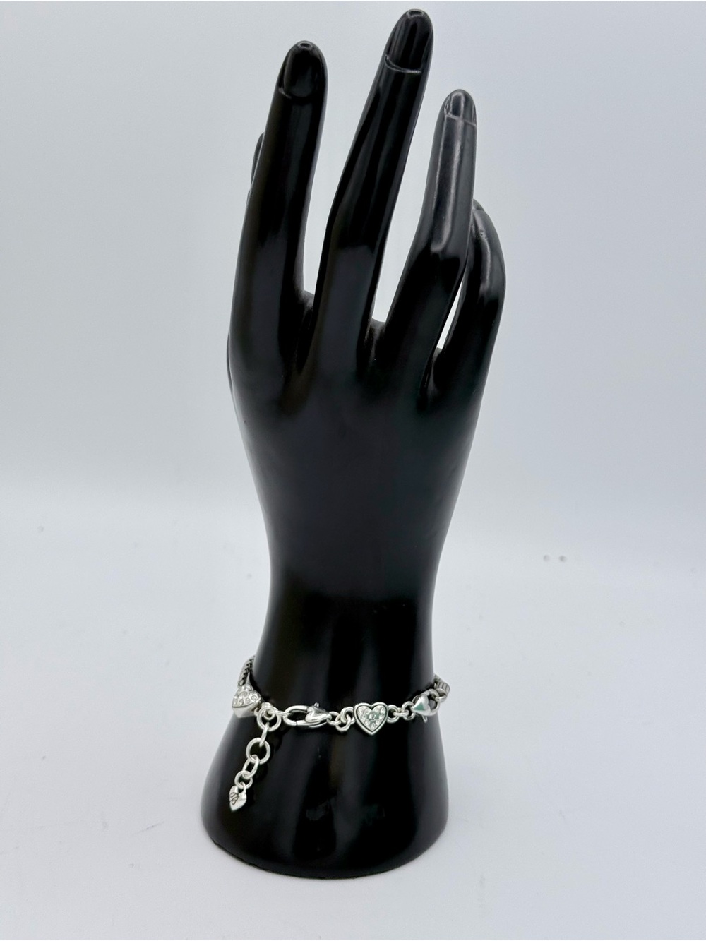 Brighton Silver Tone Crystal Heart Slide Charm Chain Bracelet
